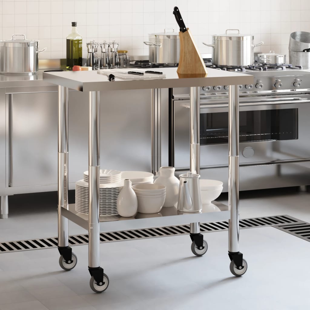 Table des travaux de cuisine Vidaxl avec roues 82.5x55x85 cm en acier inoxydable