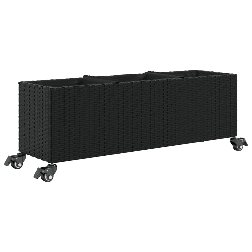Vidaxl plantenbak met wielen 3 potten 107x32x38 cm poly rattan zwart