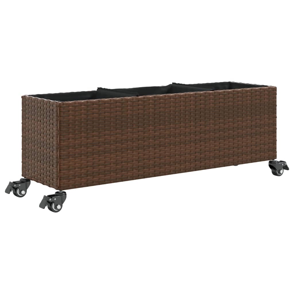 VidaXL Plantenbak met wielen 3 potten 107x32x38 cm poly rattan bruin