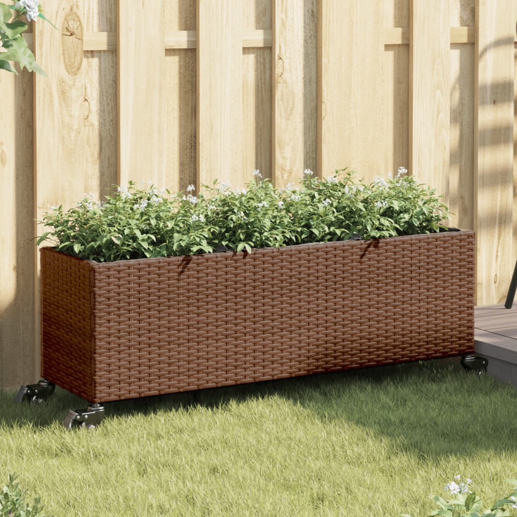 VidaXL Planter with wheels 3 pots 107x32x38 cm Poly Rattan Brown