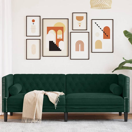Vidaxl driezitsbank chesterfield-stijl en bolsters fluweel donkergroen