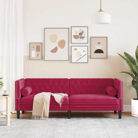 Vidaxl driezitsbank chesterfield-stijl met bolsters fluweel wijnrood