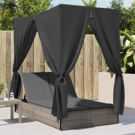 Vidaxl ligbed tweepersoons met dak en gordijn poly rattan grijs