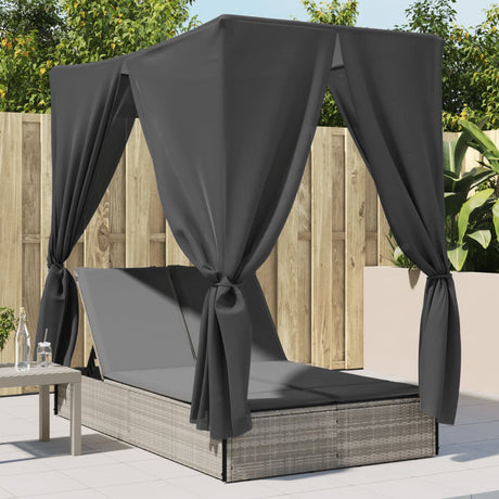 Vidaxl ligbed tweepersoons met dak en gordijn poly rattan lichtgrijs