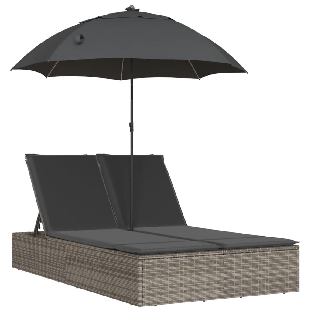 Vidaxl ligbed 2-persoons met kussens en parasol poly rattan grijs