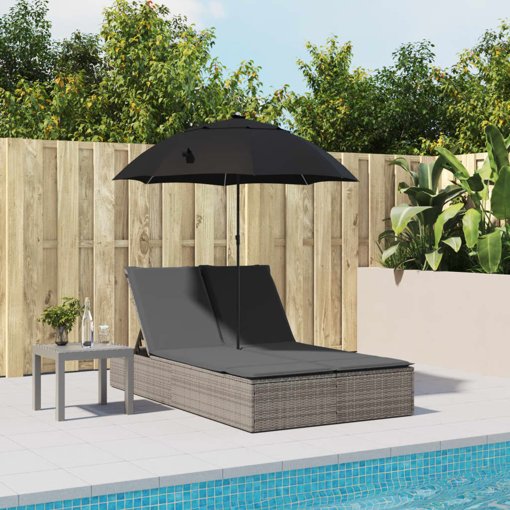 Vidaxl ligbed 2-persoons met kussens en parasol poly rattan grijs