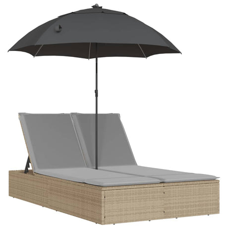 Vidaxl ligbed 2-persoons met kussens en parasol poly rattan beige