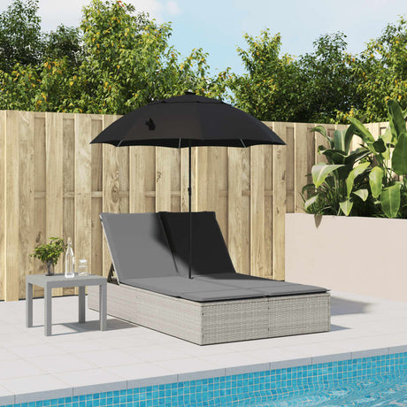 Vidaxl ligbed 2-persoons met kussens en parasol poly rattan lichtgrijs