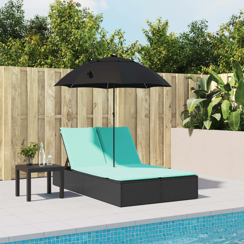 Vidaxl ligbed 2-persoons met kussens en parasol poly rattan zwart