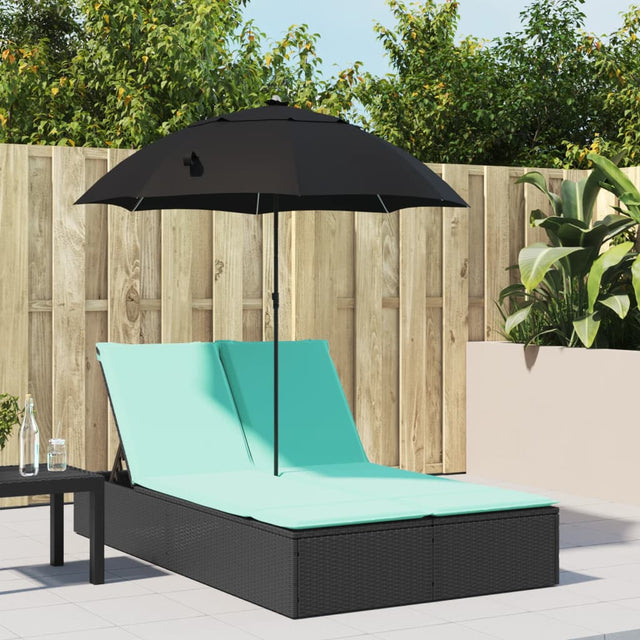 Vidaxl ligbed 2-persoons met kussens en parasol poly rattan zwart