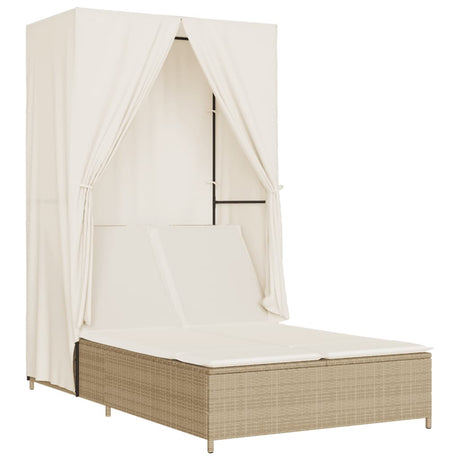 Vidaxl ligbed tweepersoons met dak en gordijn poly rattan beige