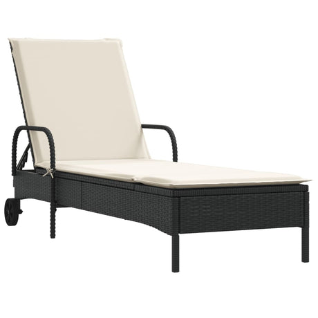 Vidaxl ligbed met wielen en kussen poly rattan zwart