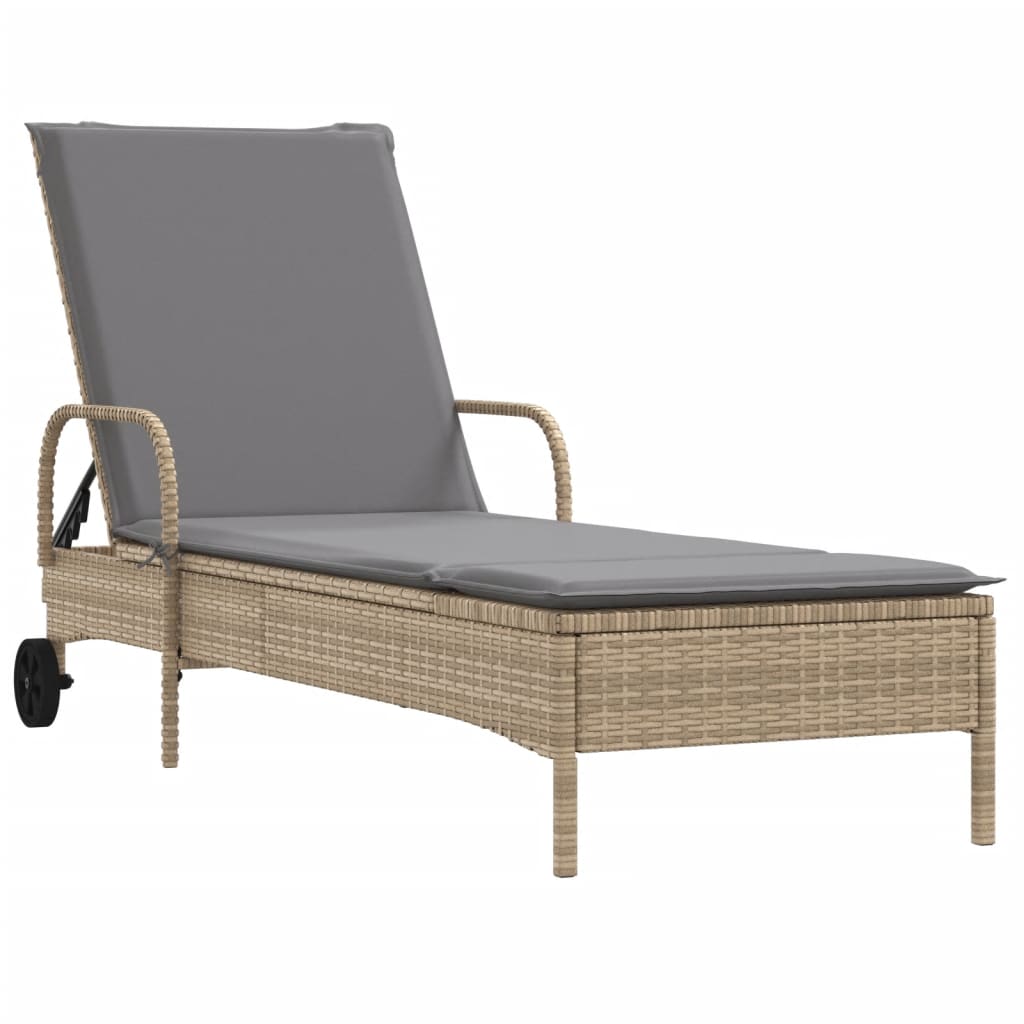 Vidaxl ligbed met wielen en kussen poly rattan beige