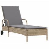 Vidaxl ligbed met wielen en kussen poly rattan beige