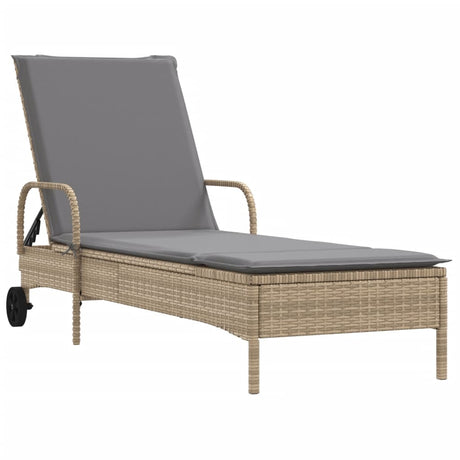 Vidaxl ligbed met wielen en kussen poly rattan beige
