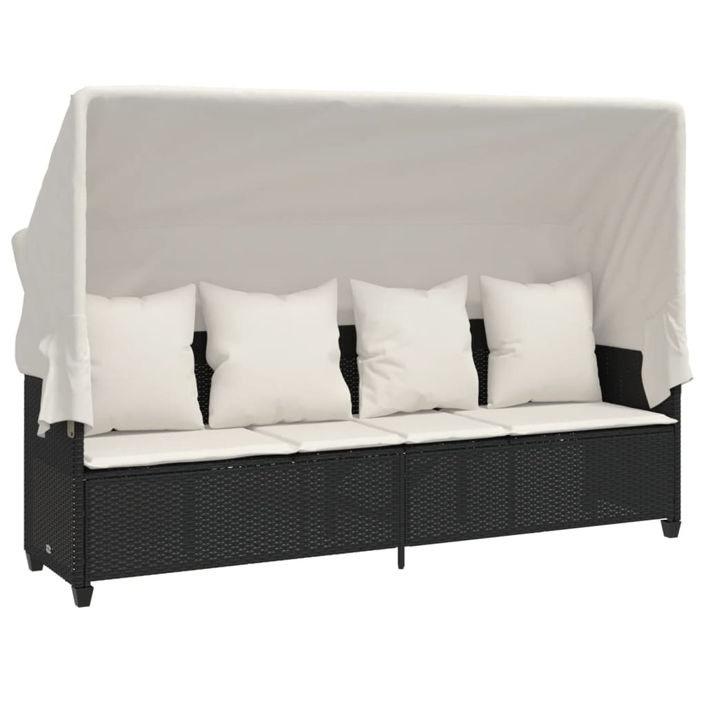 Vidaxl ligbed met luifel en kussens poly rattan zwart