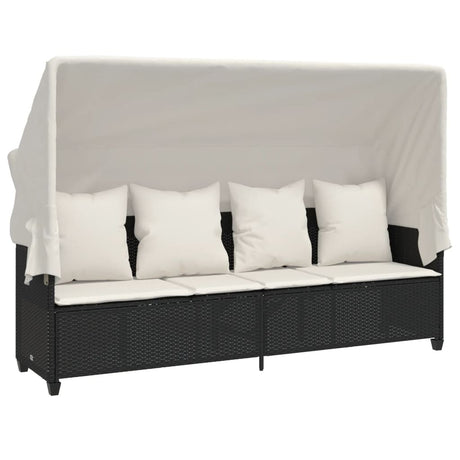 Vidaxl ligbed met luifel en kussens poly rattan zwart
