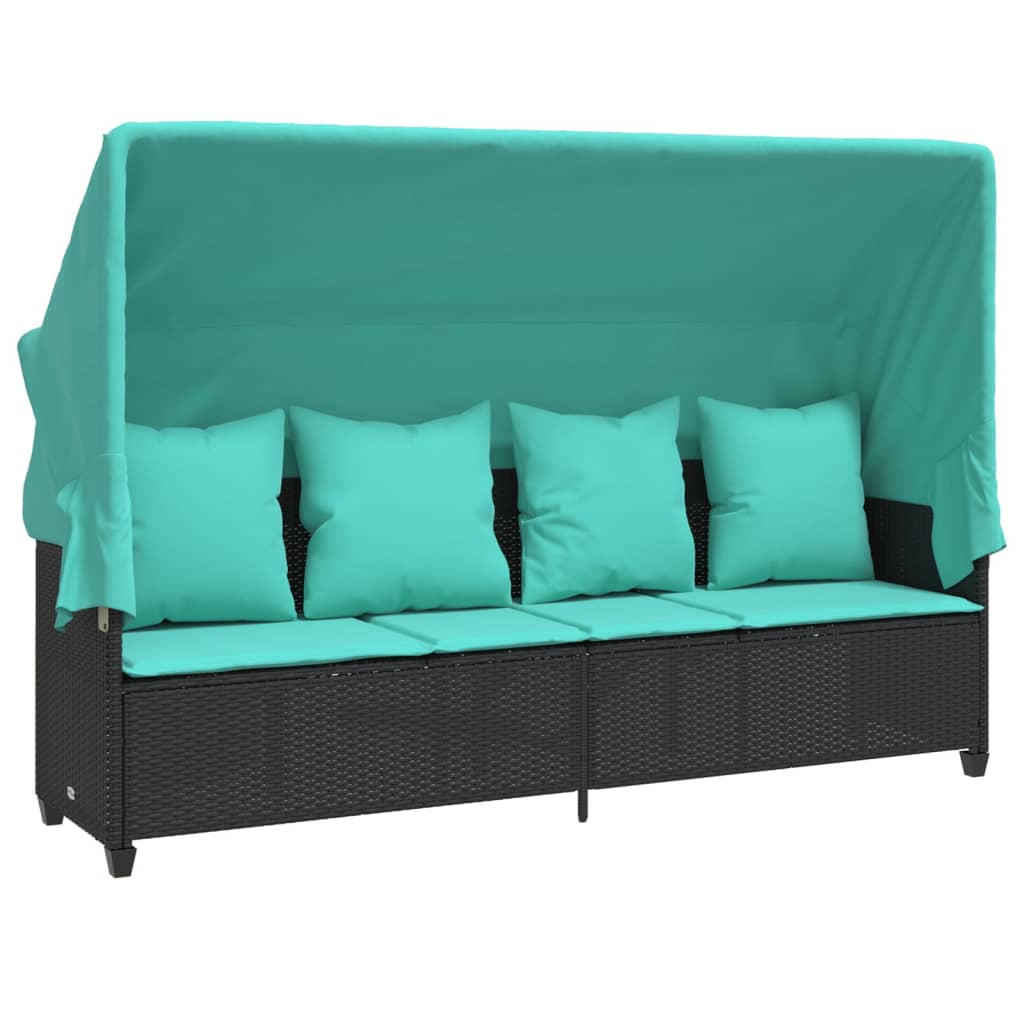 Vidaxl ligbed met luifel en kussens poly rattan zwart