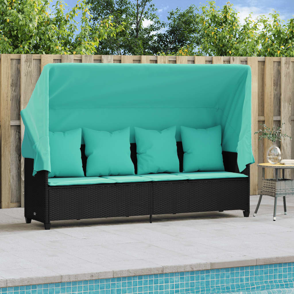 Vidaxl ligbed met luifel en kussens poly rattan zwart