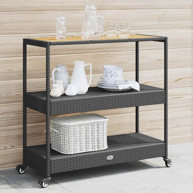 Vidaxl bartrolley 3-laags poly rattan en massief acaciahout zwart