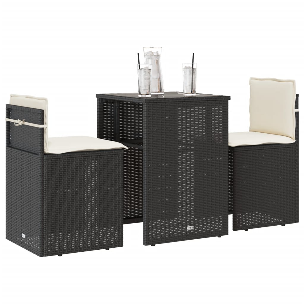 Vidaxl 3-delige bistroset met kussens poly rattan zwart