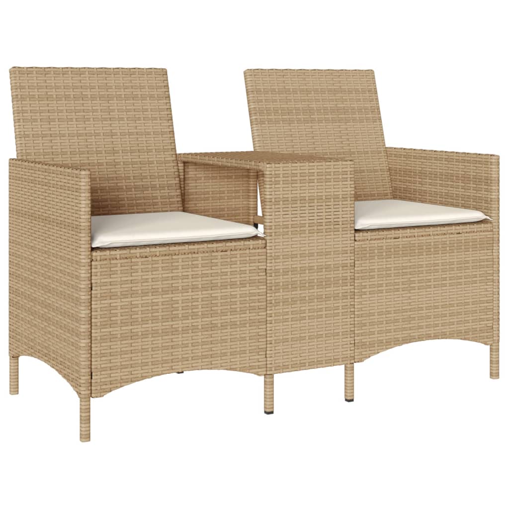 Vidaxl tuinbank 2-zits met tafel en kussens poly rattan beige