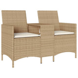 Vidaxl tuinbank 2-zits met tafel en kussens poly rattan beige