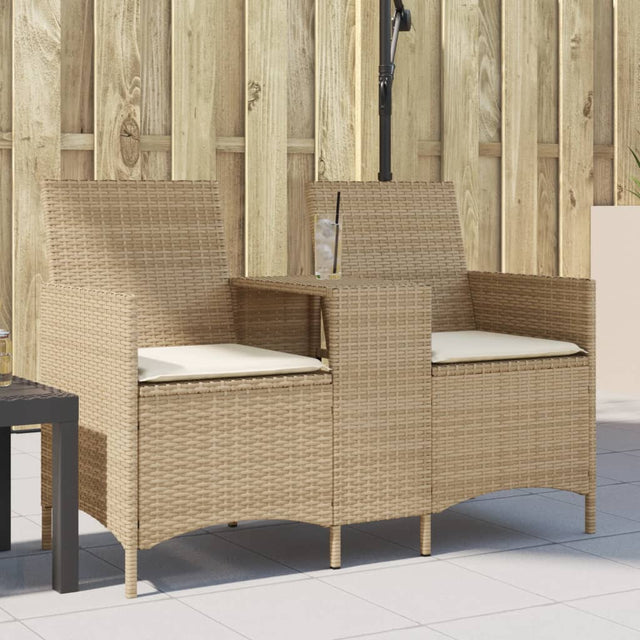 Vidaxl tuinbank 2-zits met tafel en kussens poly rattan beige