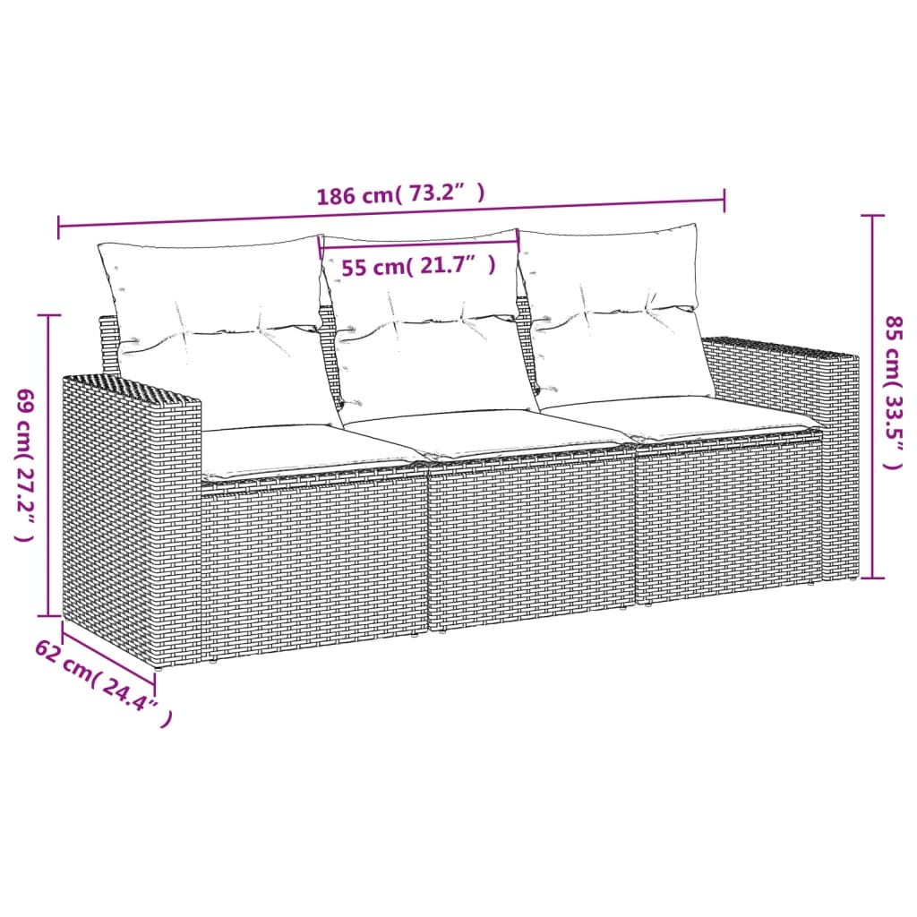 Vidaxl 3-delige loungeset met kussens poly rattan grijs