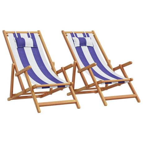 Vidaxl opklapbare stoelen, 2 stuks, blauw-witte stof en massief hout.