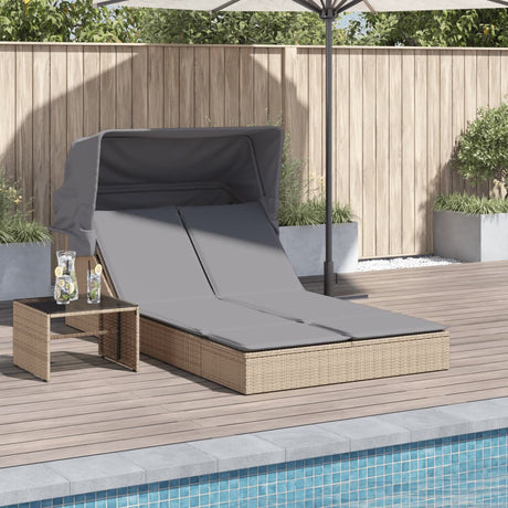 Vidaxl ligbed 2-persoons met luifel en kussens poly rattan beige