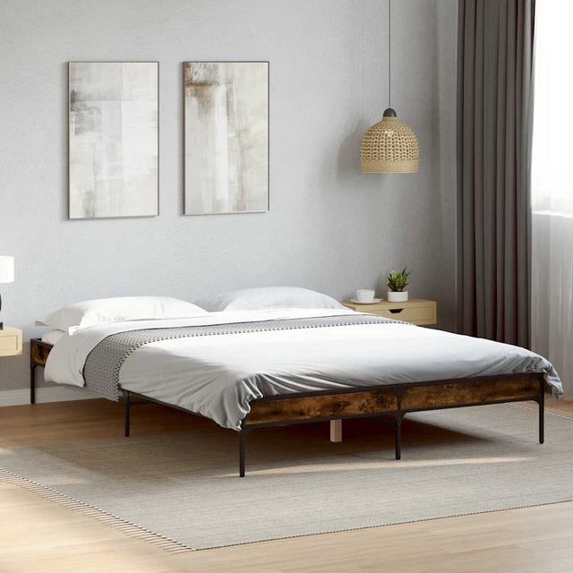 Vidaxl bedframe bewerkt hout metaal gerookt eikenkleurig 135x190 cm