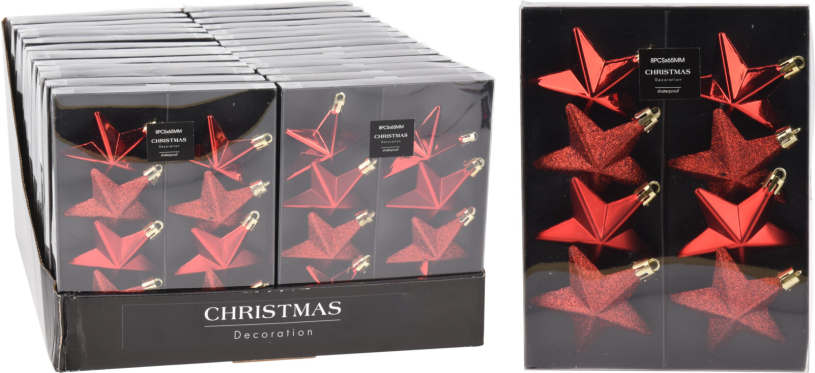 Kerstbal onbreekbaar ster 6.50cm 8 stuks - rood