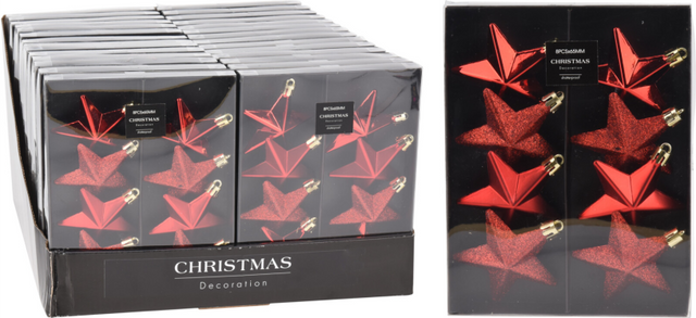 Kerstbal onbreekbaar ster 6.50cm 8 stuks - rood