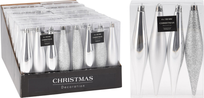 Kerstbal onbreekbaar kegel 15cm 4 stuks - zilver