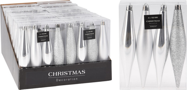Kerstbal onbreekbaar kegel 15cm 4 stuks - zilver