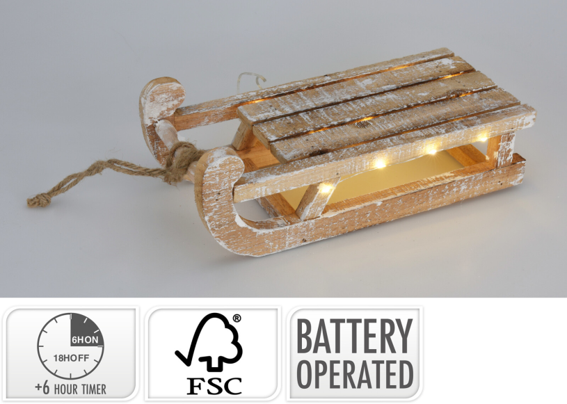 Houten slee met led 30cm - white wash