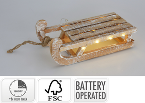 Houten slee met led 30cm - white wash
