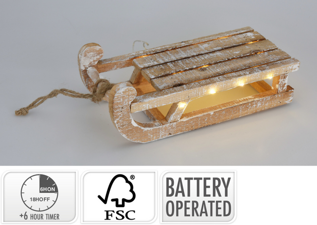 Houten slee met led 30cm - white wash