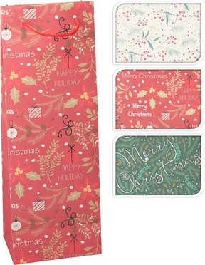 Geschenktas wijnfles kerst 35cm 4 assorti