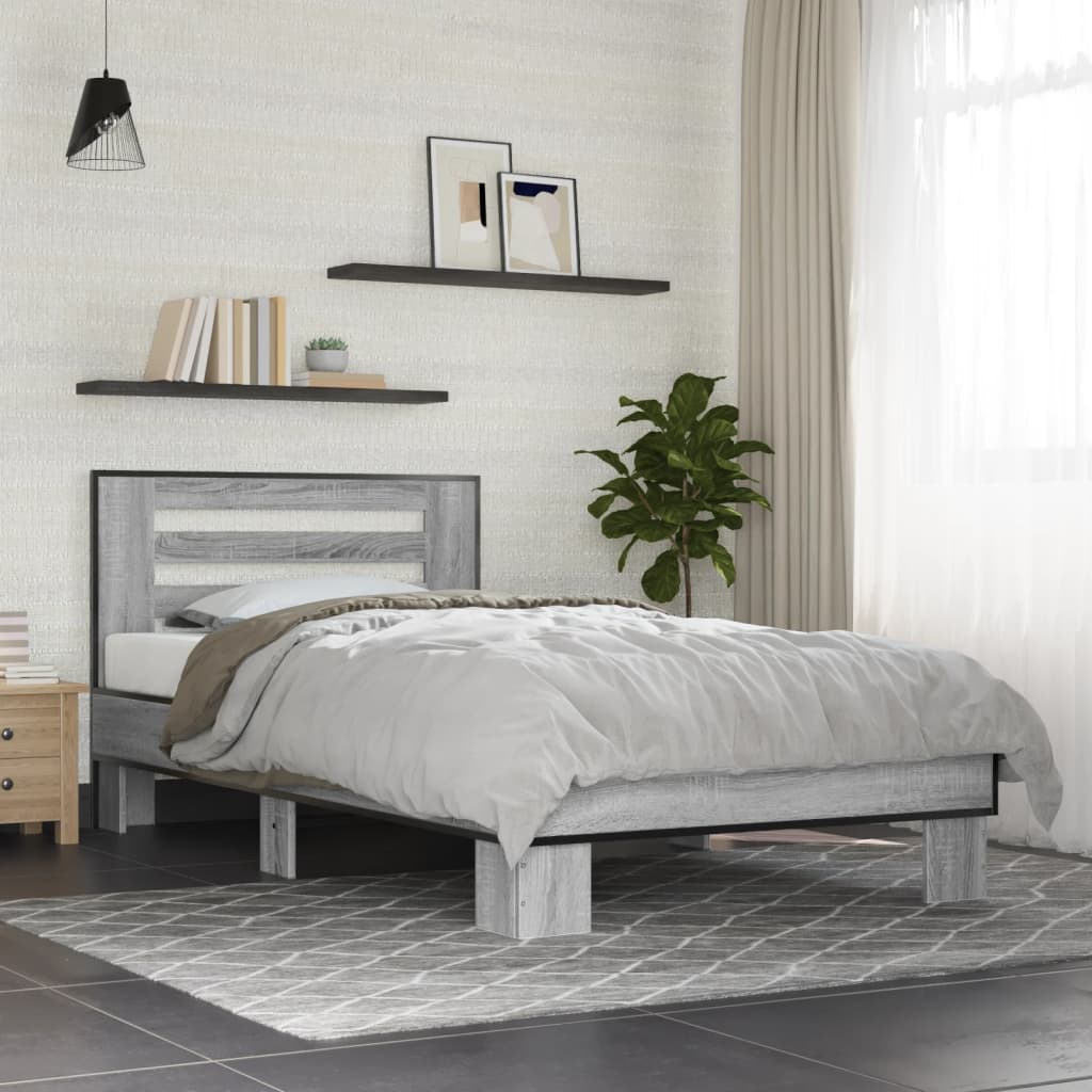 Vidaxl bedframe bewerkt hout en metaal grijs sonoma eiken 75x190 cm