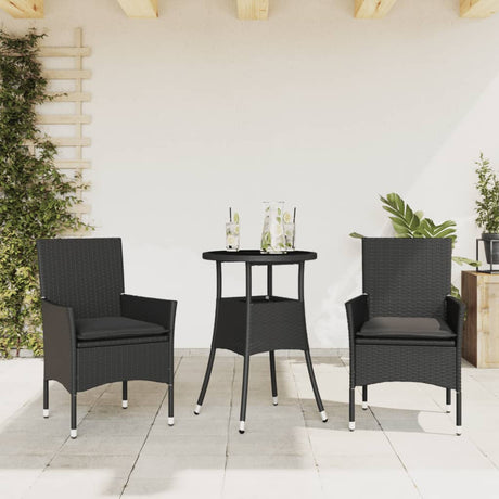 Vidaxl 3-delige tuinset met kussens poly rattan en glas zwart