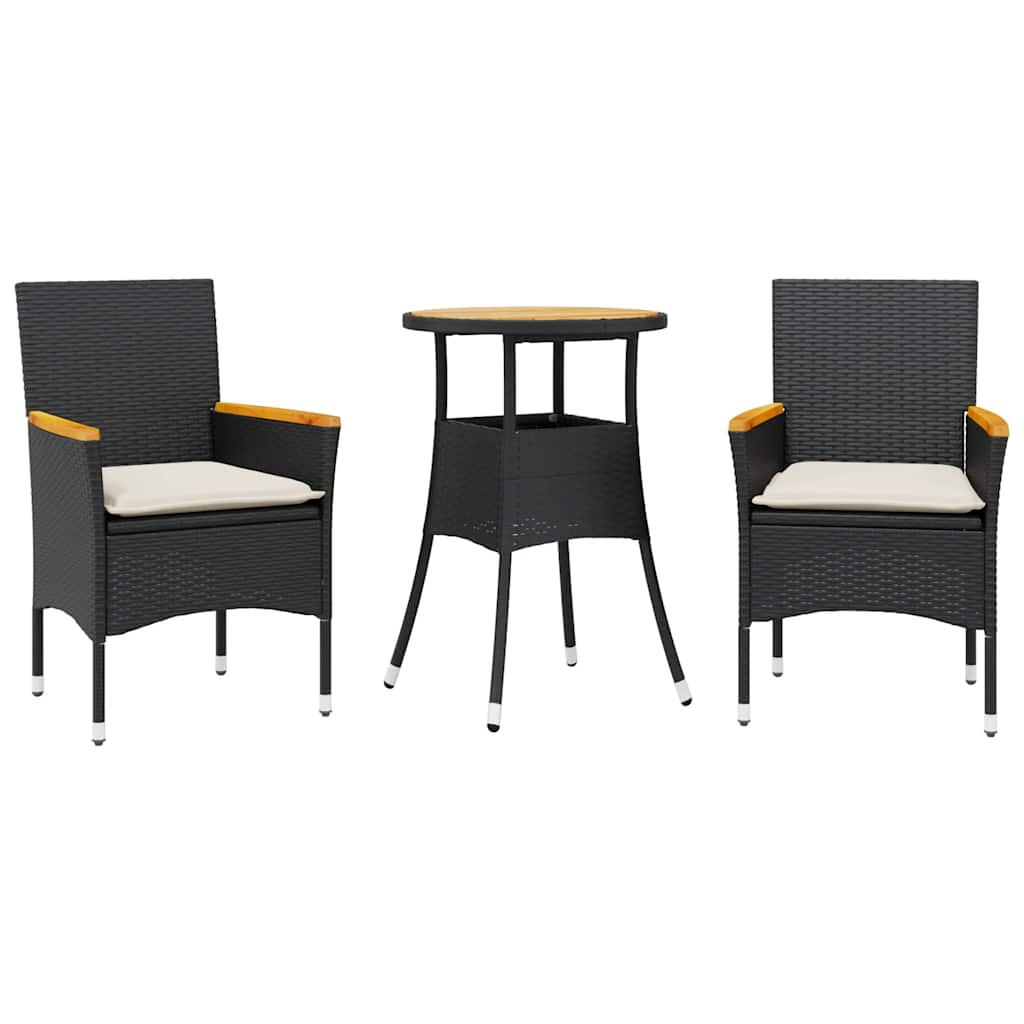 Vidaxl 3-delige tuinset met kussens poly rattan en acaciahout zwart