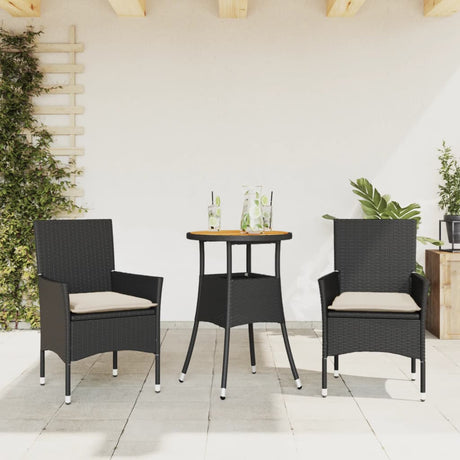 Vidaxl 3-delige tuinset met kussens poly rattan en acaciahout zwart