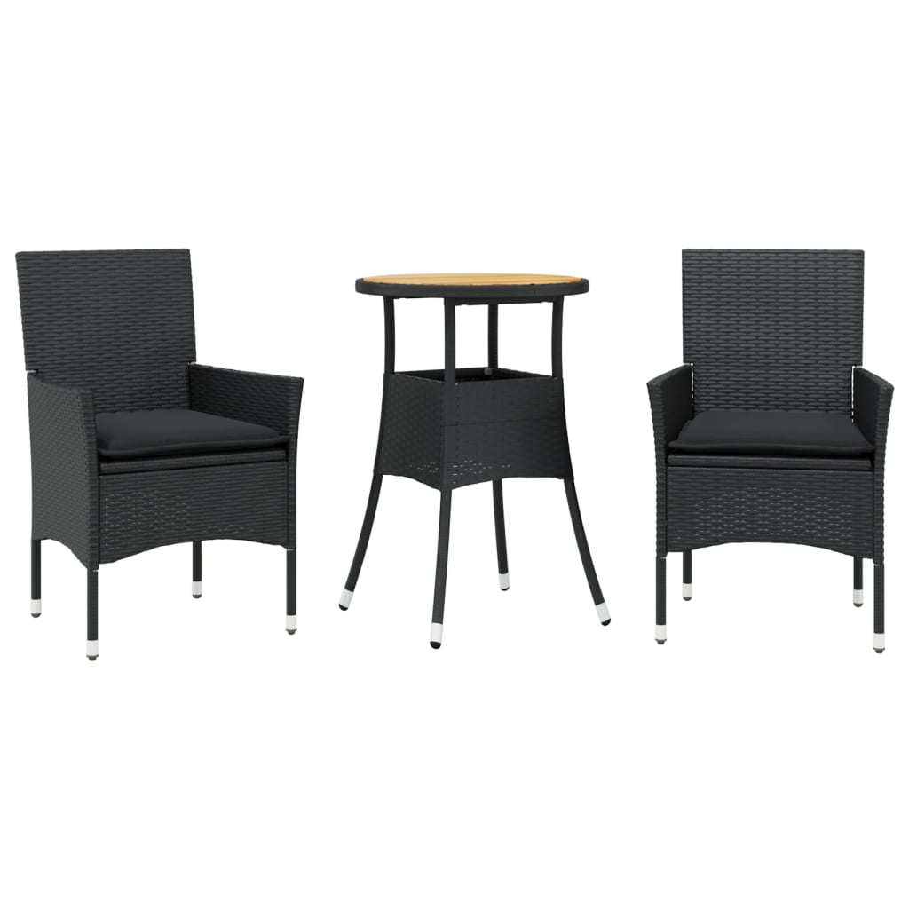 Vidaxl 3-delige tuinset met kussens poly rattan en acaciahout zwart