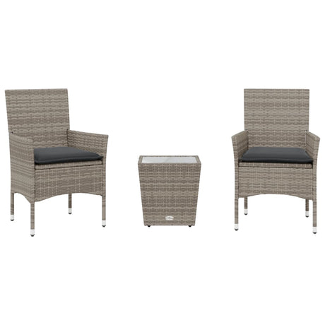 Vidaxl 3-delige bistroset met kussens poly rattan en glas grijs