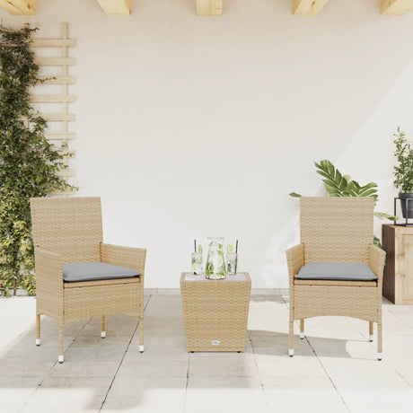Vidaxl 3-delige bistroset met kussens poly rattan en glas beige