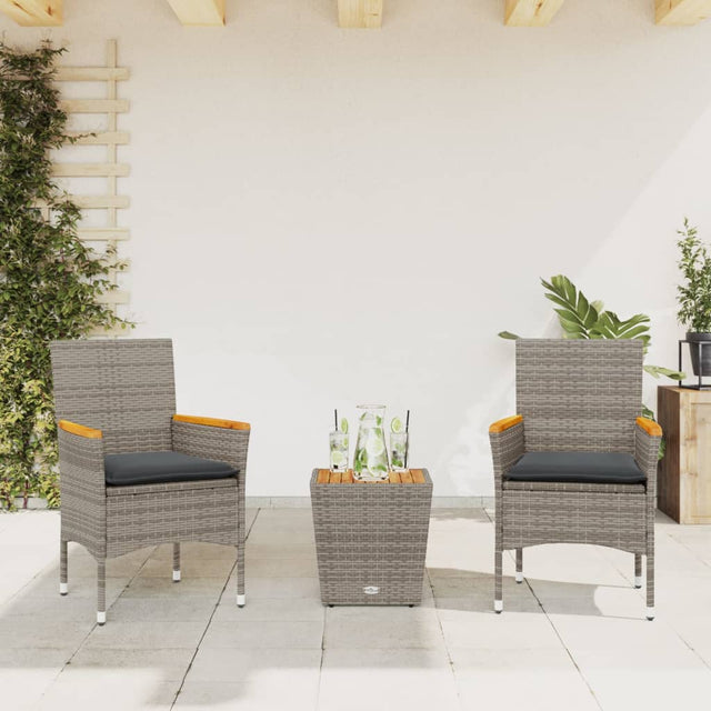 Vidaxl 3-delige bistroset met kussens poly rattan en glas grijs