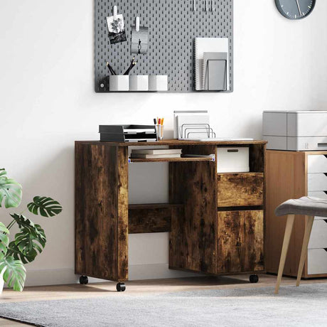 Vidaxl bureau met wielen gerookt eiken bewerkt hout 91 x 50 x 77 cm