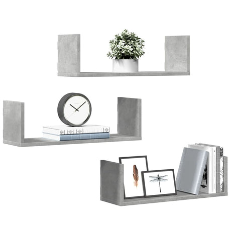 Vidaxl wandschappen 3 st 58x18x18 cm bewerkt hout betongrijs